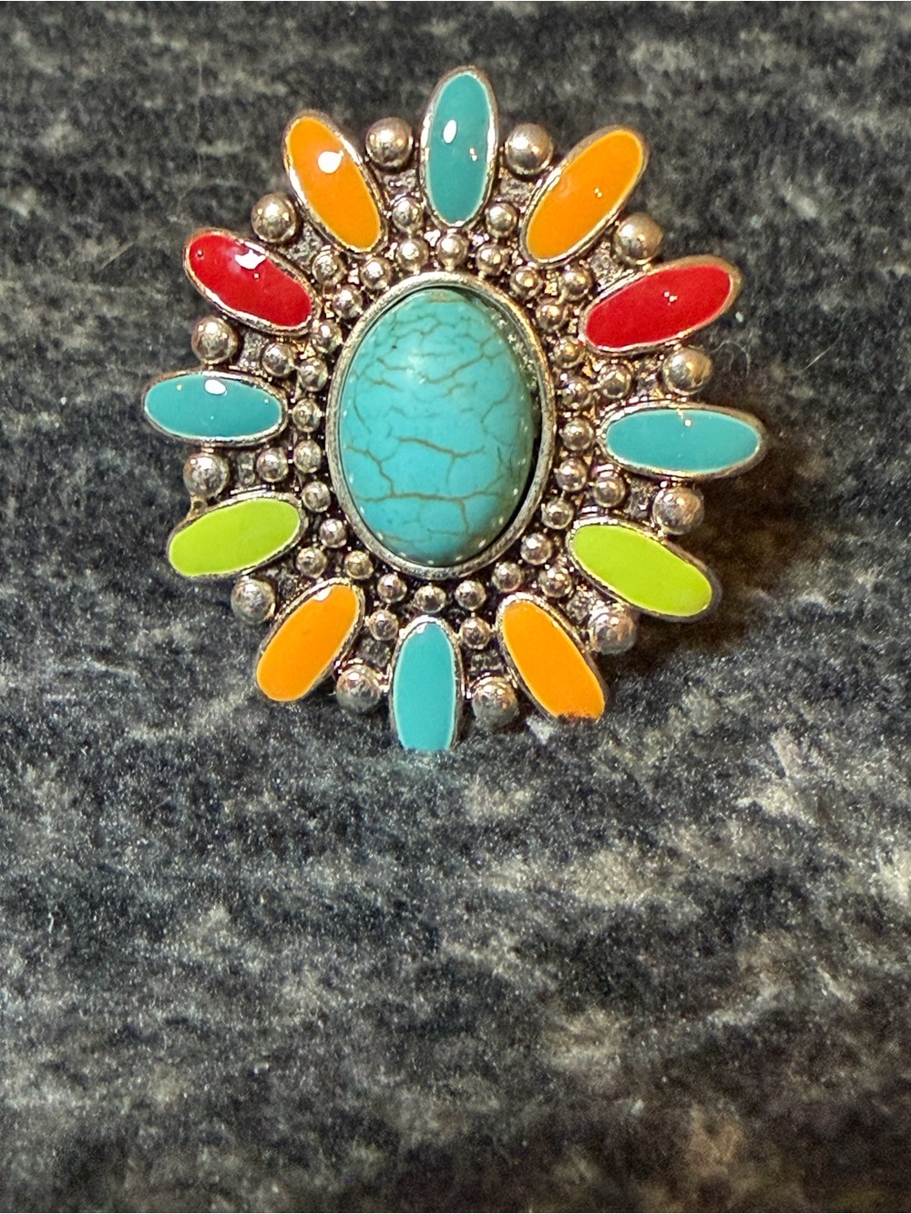 Southwestern Multicolor Statement Ring Silver Tone Stretch Size 7 - Picture 3 of 7